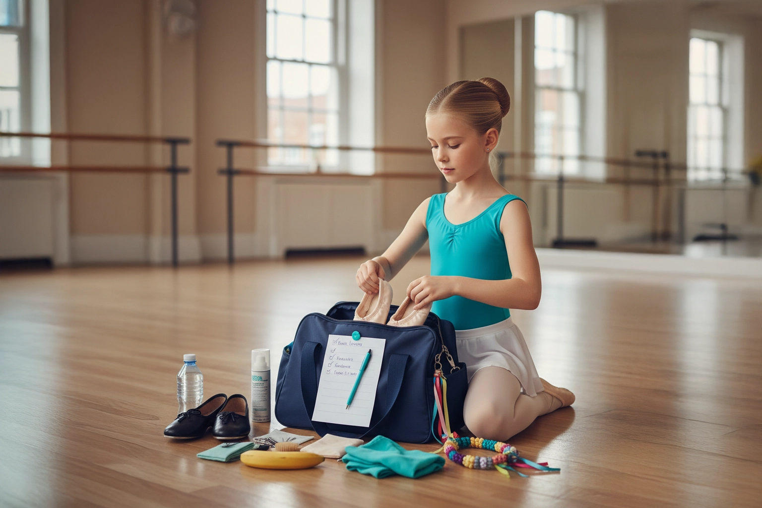 Young dancer packing bags ready for her dance exams
