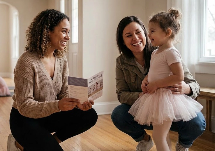 The teacher is holding a brochure, guiding them.