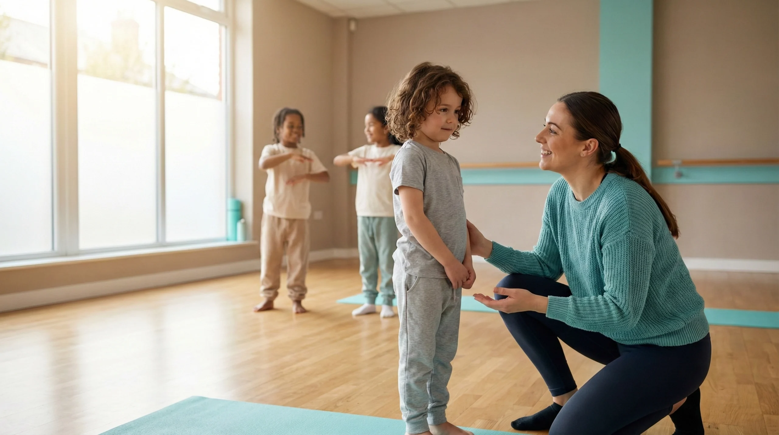 A parent comforting a anxious child in the studio before class