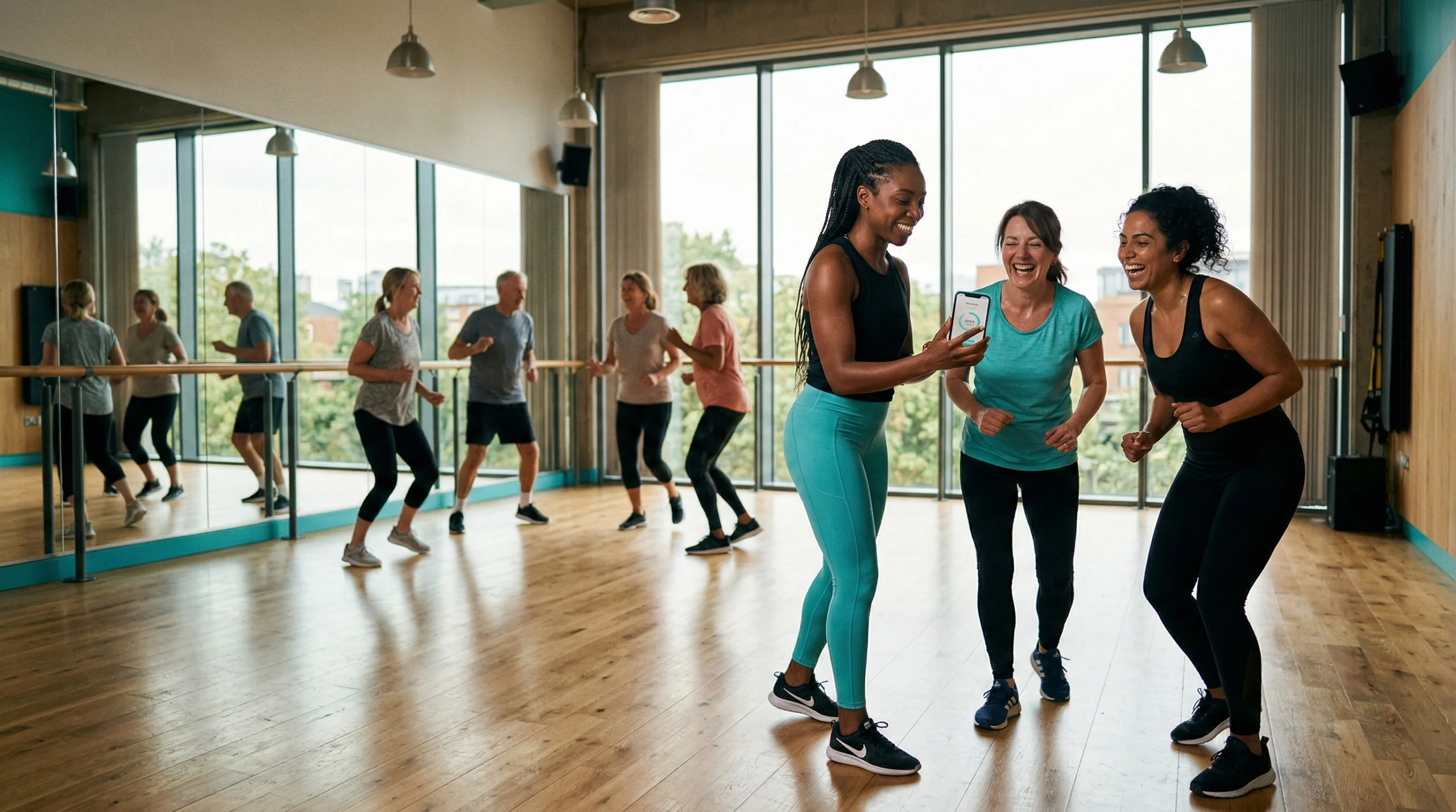 Dance instructor in a bright modern studio showing a dance workout app on her smartphone to adult students while guiding them through a fun group fitness session