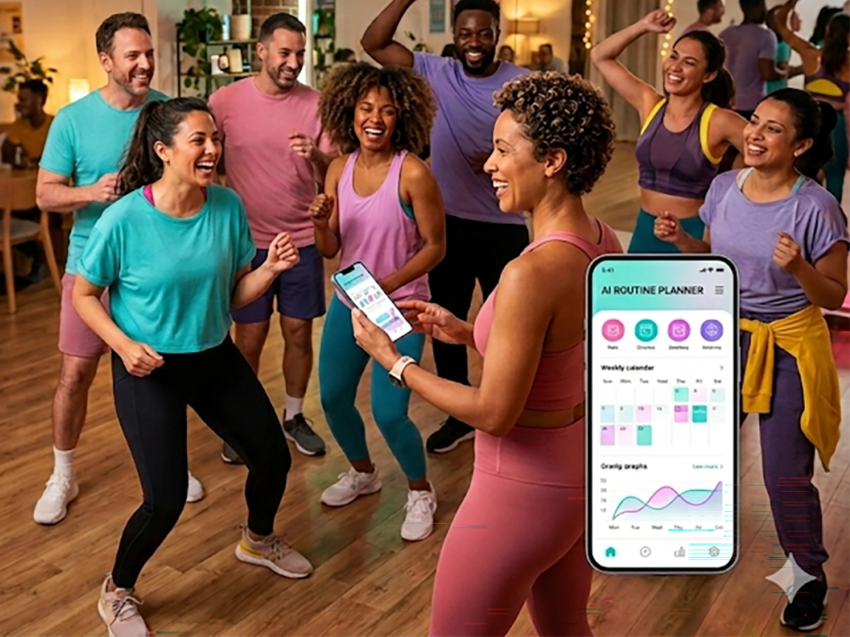 A group of adults in their 30s and 40s enjoying a beginner dance fitness class in a welcoming community studio, with an AI planning app shown on a phone.