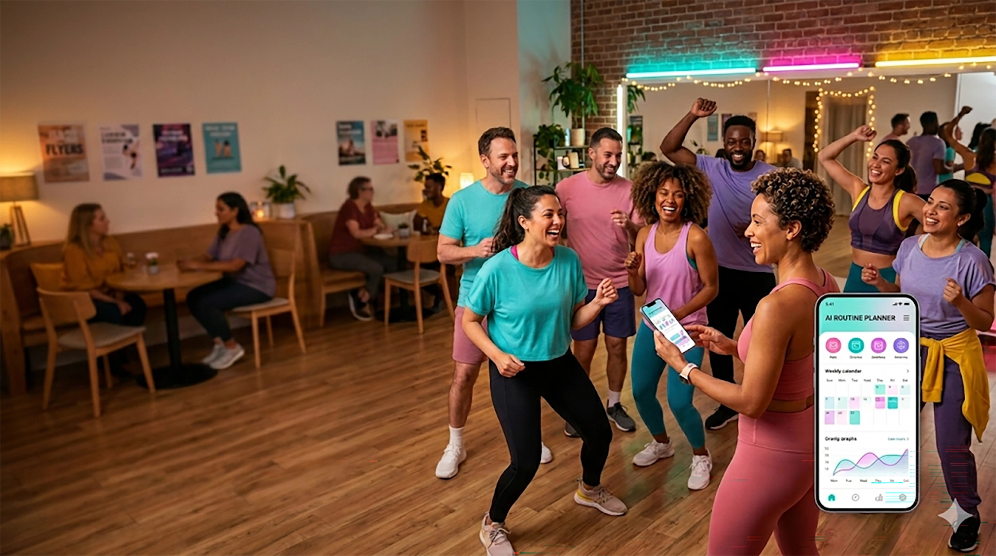 A group of adults in their 30s and 40s enjoying a beginner dance fitness class in a welcoming community studio, with an AI planning app shown on a phone.