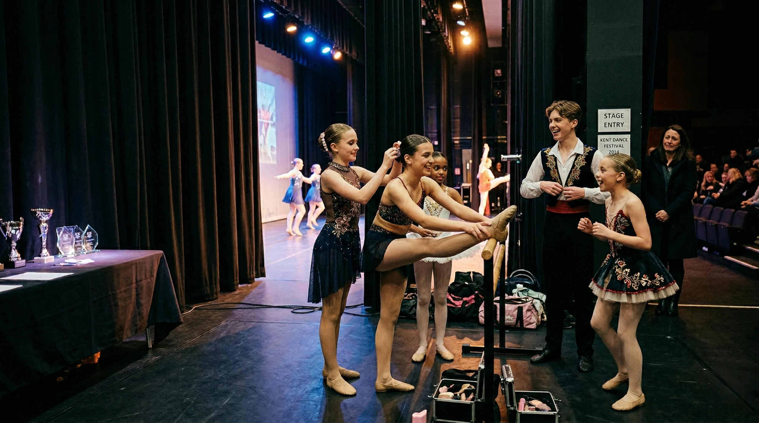 Young dancers preparing backstage for a theatre dance competition in Kent, showing confidence, teamwork and performance ambition.