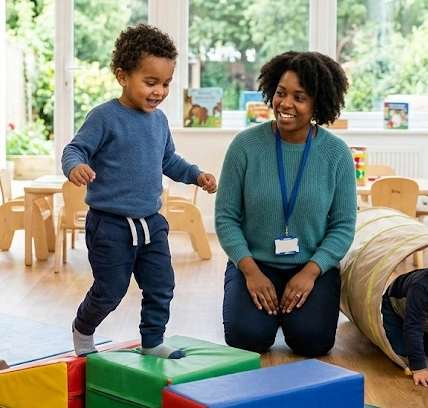 Young children in a bright UK early years classroom take part in guided gross motor play while an early years practitioner supports movement, balance and coordination.