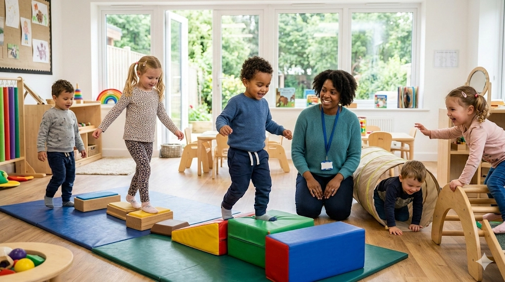 Young children in a bright UK early years classroom take part in guided gross motor play while an early years practitioner supports movement, balance and coordination.